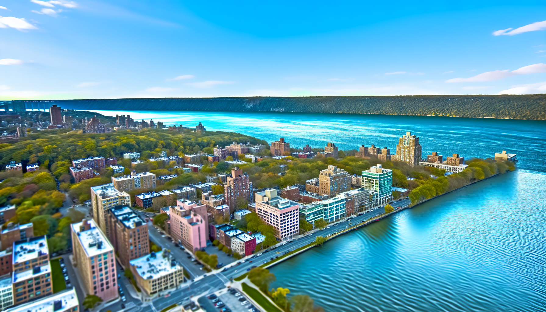 Generate a photorealistic image featuring a wide-angle view of the Scenic Hudson Valley, taken from New York City. The setting should depict an urban landscape during the day, complete with vibrant co